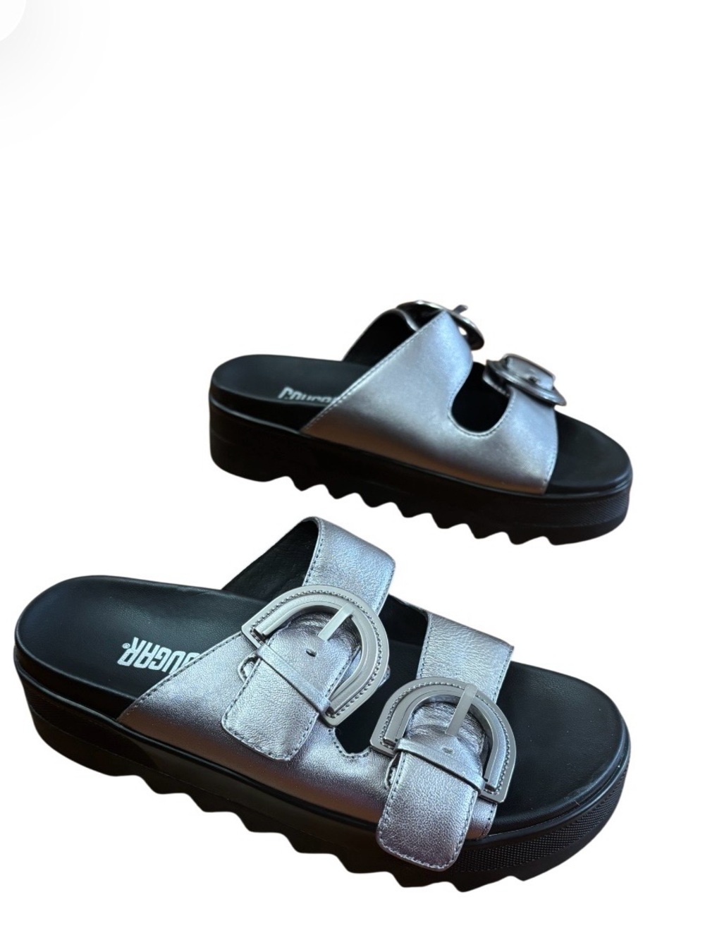 Cougar Pepa Metallic Grey Leather Flatform Sandal